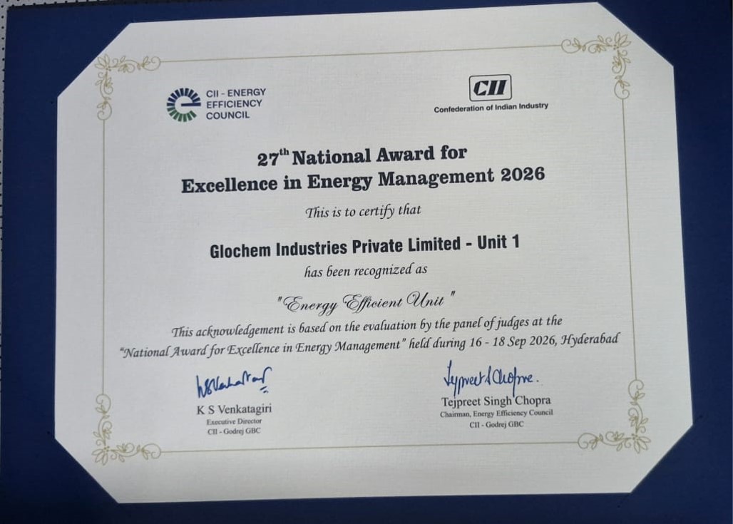 27th National Award for Excellence in Energy Management 2026 Certificate - Glochem Industries Unit 1